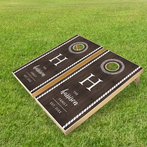 Dark Wood Plank Family Name  Monogram Cornhole Set