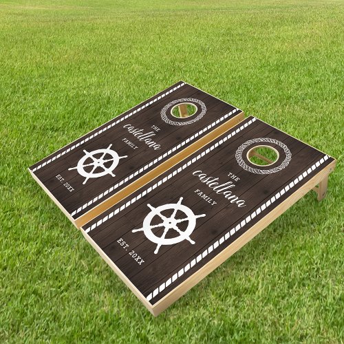 Dark Wood Plank  Ships Wheel Family Name Cornhole Set