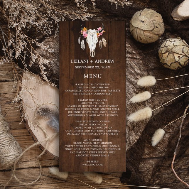 Dark Wood Rustic Antler Wedding Menu (Rustic wood with watercolor skull feather and flower. Perfect for that outdoor, barn, fall wedding.)