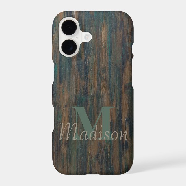 Dark Wood Rustic Cool Monogram Initial Name Iphone Case (Back)