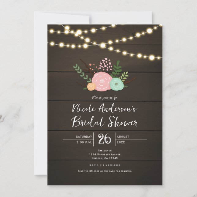 Dark Wood & Rustic Floral BRIDAL SHOWER Invitation (Front)
