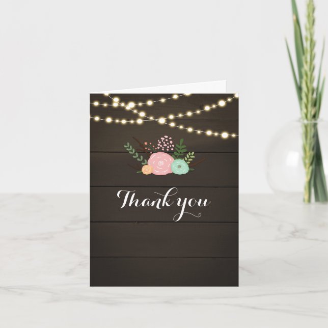 Dark Wood & Rustic Floral & Lights Thank You Card (Front)