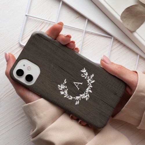 Dark Wood Rustic Leaf Monogram Initial Case_Mate iPhone 14 Pro Case