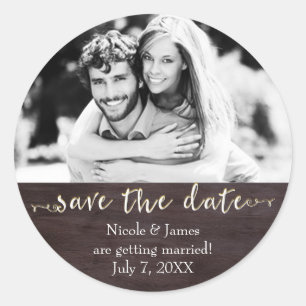 Dark Wood SAVE THE DATE Glam Rustic Wedding Photo Classic Round Sticker