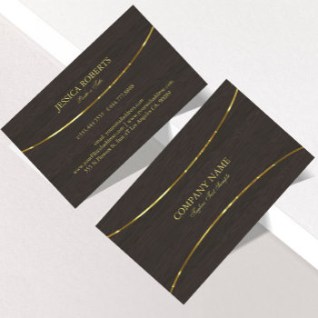 Dark Wood Texture Gold Stripe Accents Business Card by artOnWear at Zazzle