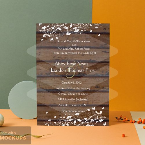 Dark Brown Wood, White Floral Wedding Invitation