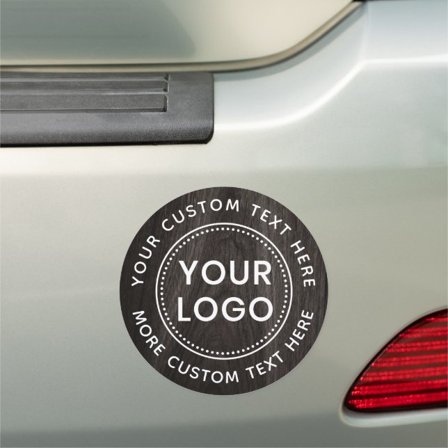 Dark woodgrain background custom logo and text car magnet (In Situ)