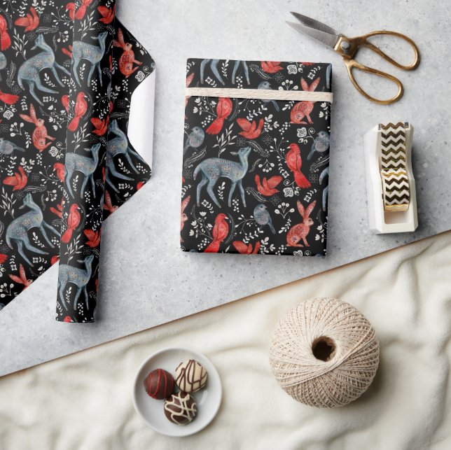 Dark Woodland Botanical Forest Animals Christmas Wrapping Paper (Crafts)