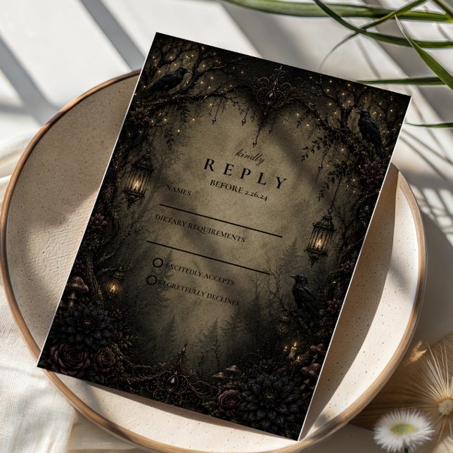 Dark Woodland Goth Forest Wedding RSVP Card (Creator Uploaded)