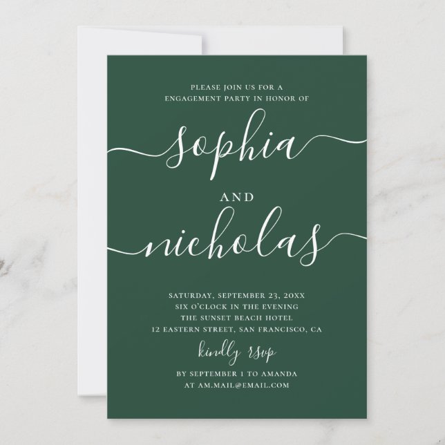 Dark Woodland Green Engagement Party | Script Invitation (Front)