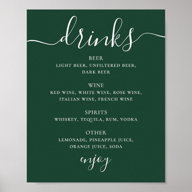 Dark Woodland Green Wedding Drinks Menu | Bar Sign (Front)