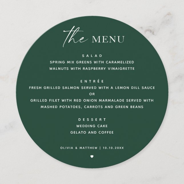 Dark Woodland Green Wedding | Modern Classic Round Menu (Front)