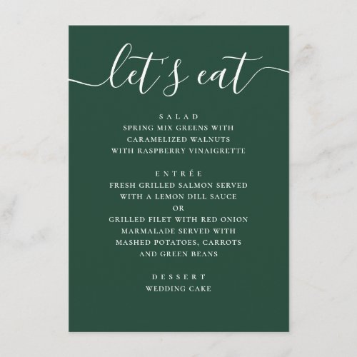 Dark Woodland Green Wedding | Modern Script Dinner Menu