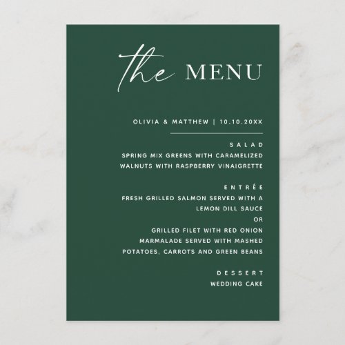 Dark Woodland Green Wedding | Modern Script Forest Menu