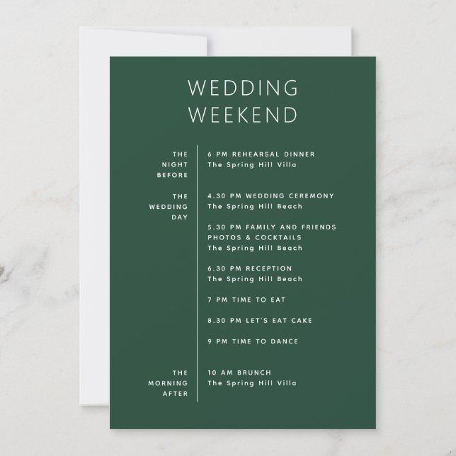 Dark Woodland Green Wedding Weekend Timeline Invitation (Back)