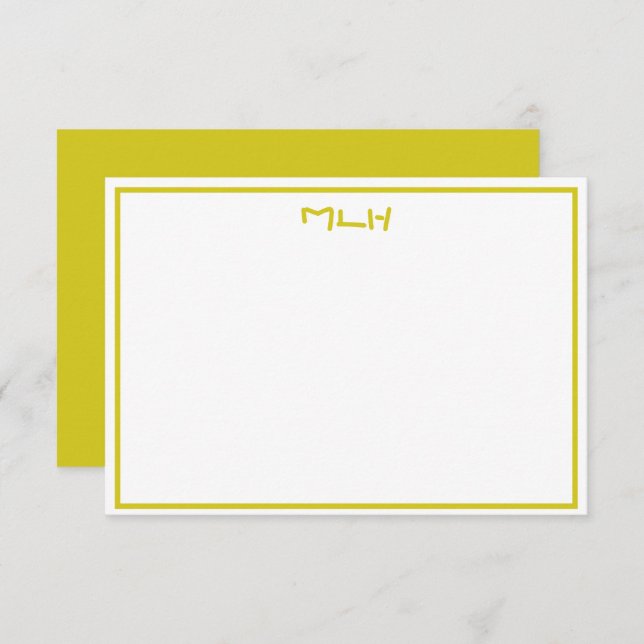 Dark Yellow and White Monogrammed Flat Note Card (Front/Back)