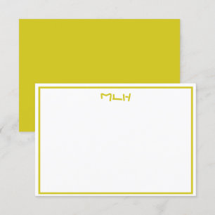 Dark Yellow and White Monogrammed Flat Note Card