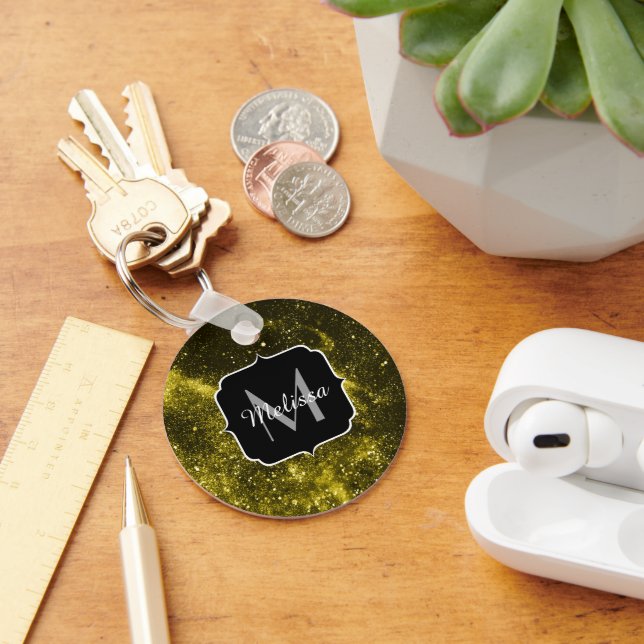 Dark yellow black abstract galaxy Monogram Ping Po Keychain (Desk)