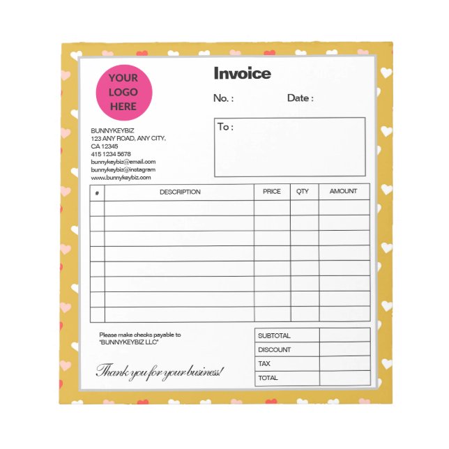 Dark Yellow Heart Company Business Shop Invoice Notepad (Front)