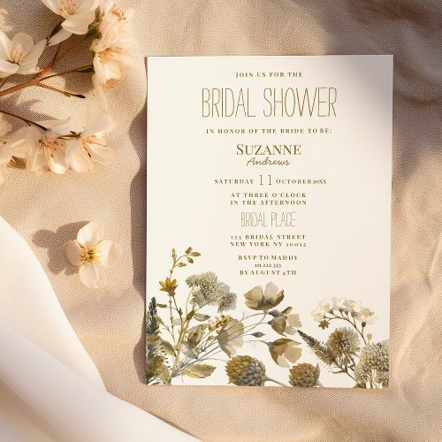 Dark yellow ivory white brown floral Bridal Shower Invitation