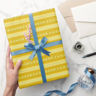 Dark Yellow & Yellow Hearts in Stripes Wrapping Paper