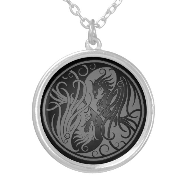 Dark Yin Yang Phoenix Silver Plated Necklace (Front)