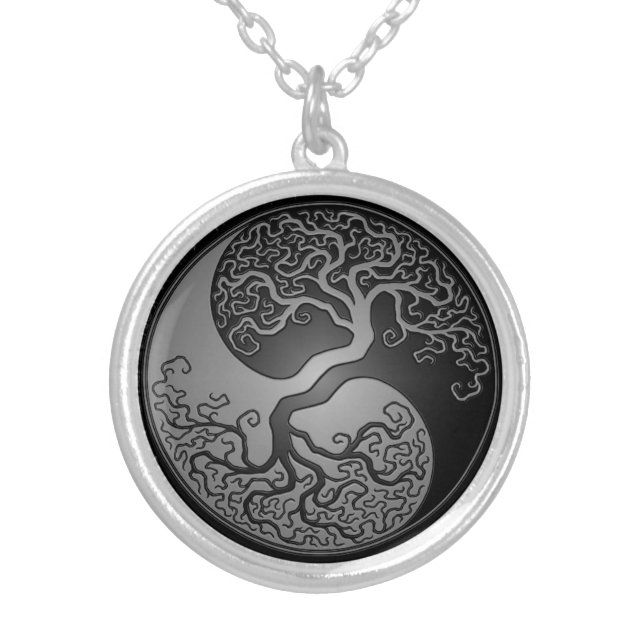 Dark Yin Yang Tree Silver Plated Necklace (Front)