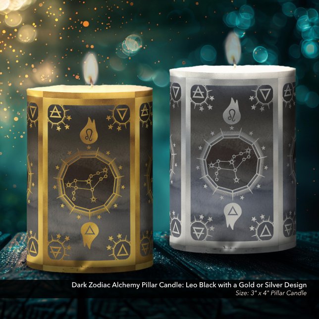 Dark Zodiac Alchemy: Leo Black & Gold Pillar Candle (Dark Zodiac Alchemy Pillar Candle: Leo Black with Gold or Silver Details - Size: 3" x 4")