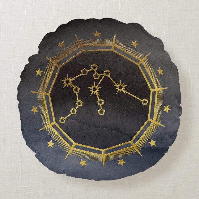 Dark Zodiac Astrology: Aquarius Black & Gold Round Pillow (Front)