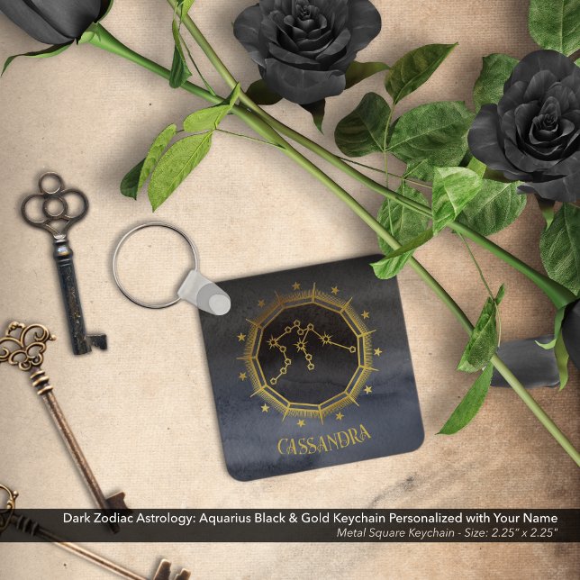 Dark Zodiac Astrology: Aquarius Black Silver Name Keychain (Dark Zodiac Astrology: Aquarius Black & Gold Keychain Personalized with Your Name)
