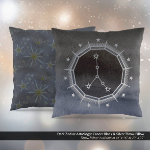 Dark Zodiac Astrology: Cancer Black & Silver Throw Pillow
