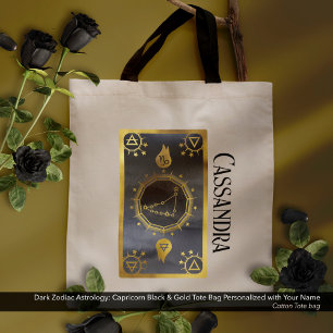 Dark Zodiac Astrology: Capricorn Black Gold Name Tote Bag