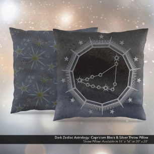 Dark Zodiac Astrology: Capricorn Black & Silver Throw Pillow