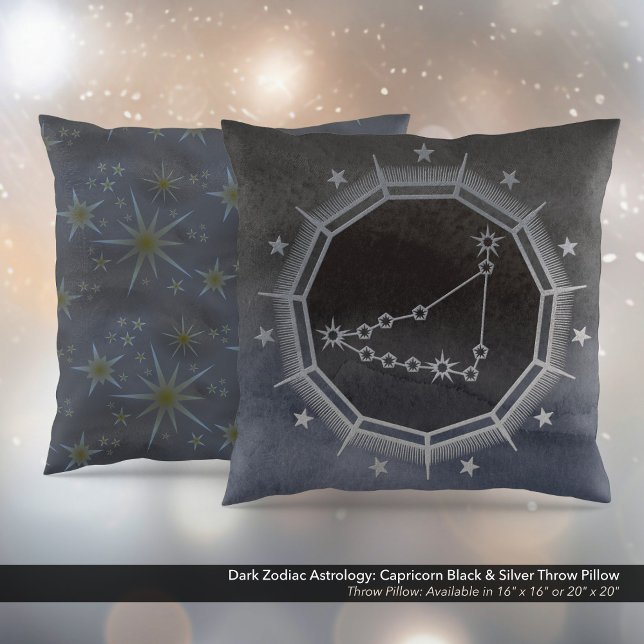 Dark Zodiac Astrology: Capricorn Black & Silver Throw Pillow (Dark Zodiac Astrology: Capricorn Black & Square Silver Throw Pillow)