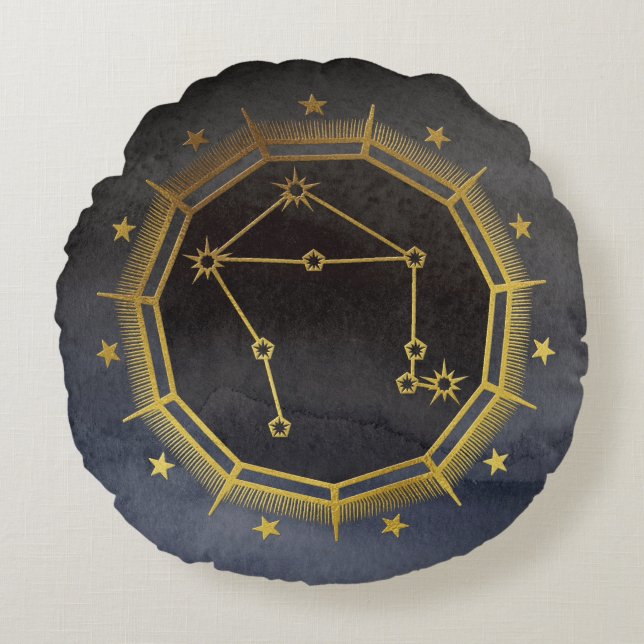 Dark Zodiac Astrology: Libra Black & Gold Round Pillow (Front)
