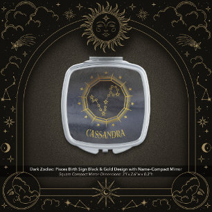 Dark Zodiac Astrology: Pisces Black Gold Name Compact Mirror