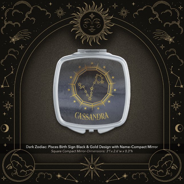 Dark Zodiac Astrology: Pisces Black Gold Name Compact Mirror (Dark Zodiac: Pisces Birth Sign Compact Mirror–Black & Gold Design Customized with Your Name)
