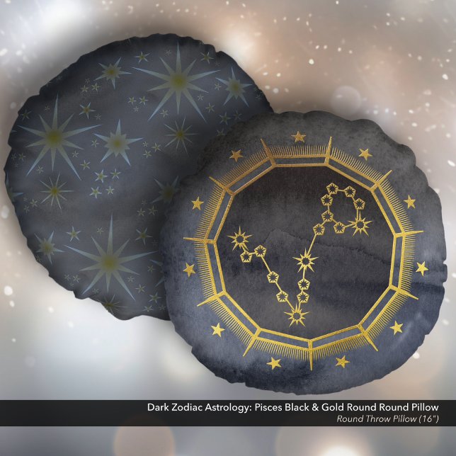 Dark Zodiac Astrology: Pisces Black & Gold Round Pillow (Dark Zodiac Astrology: Pisces Black & Gold Round Pillow)