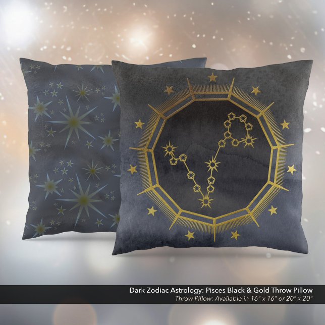 Dark Zodiac Astrology: Pisces Black & Gold Throw Pillow (Dark Zodiac Astrology: Pisces Black & Gold Square Throw Pillow)