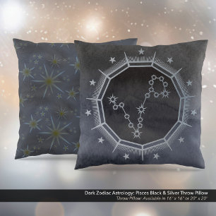 Dark Zodiac Astrology: Pisces Black & Silver Throw Pillow