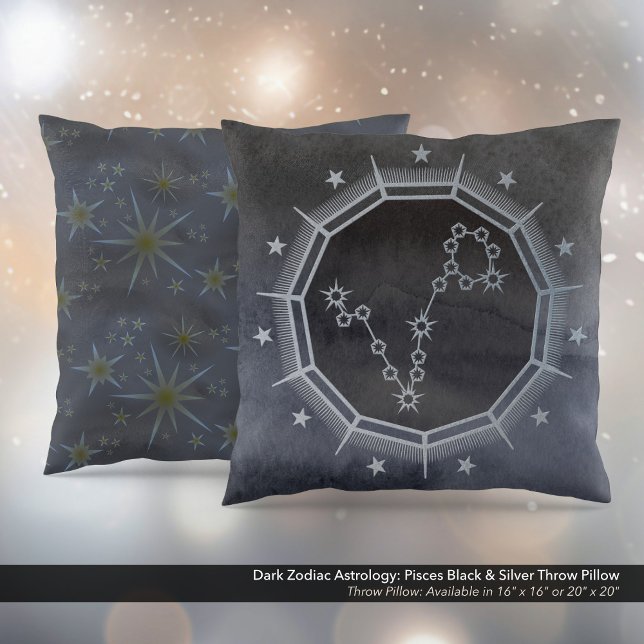 Dark Zodiac Astrology: Pisces Black & Silver Throw Pillow (Dark Zodiac Astrology: Pisces Black & Silver Square Throw Pillow)