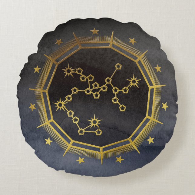 Dark Zodiac Astrology: Sagittarius Black & Gold Round Pillow (Front)