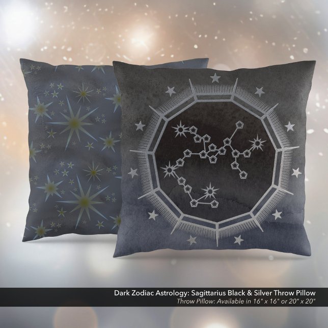 Dark Zodiac Astrology: Sagittarius Black & Silver Throw Pillow (Dark Zodiac Astrology: Sagittarius Black & Silver Square Throw Pillow)