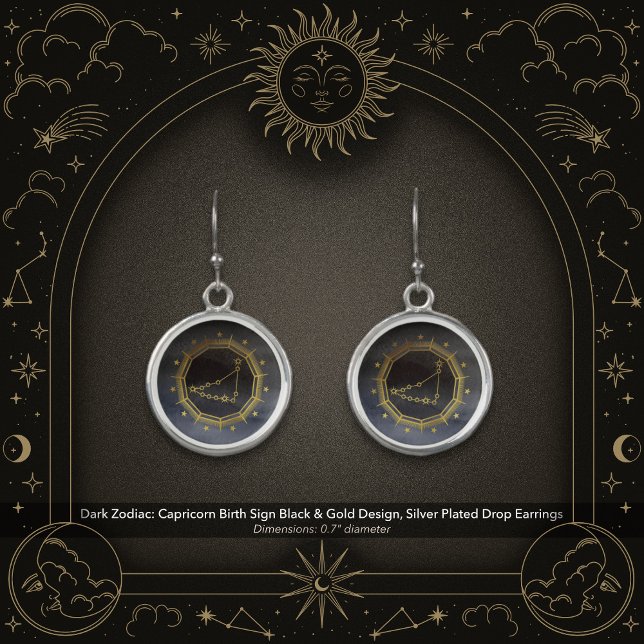 Dark Zodiac: Capricorn Birth Sign Black & Gold Earrings (Dark Zodiac: Capricorn Birth Sign Black & Gold Design in Silver Plated Earrings)