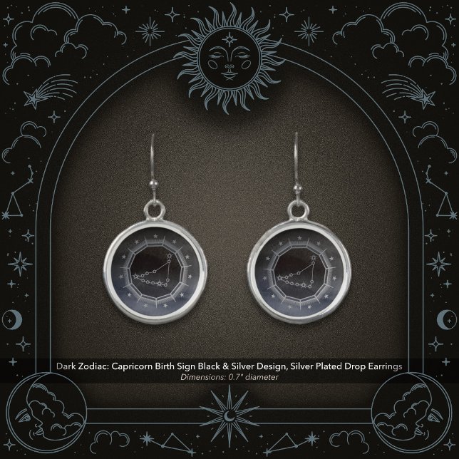 Dark Zodiac: Capricorn Birth Sign Black & Silver Earrings (Dark Zodiac: Capricorn Birth Sign Black & Silver Design in Silver Plated Earrings)