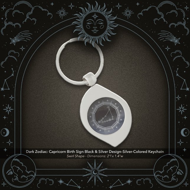 Dark Zodiac: Capricorn Birth Sign Black & Silver Keychain (Dark Zodiac: Capricorn Birth Sign Black & Silver Design on a Silver-Colored Keychain)