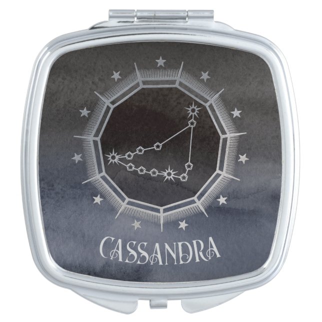 Dark Zodiac–Capricorn Birth Sign Black Silver Name Compact Mirror (Front)