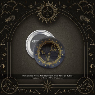 Dark Zodiac: Pisces Birth Sign Black & Gold Design Button