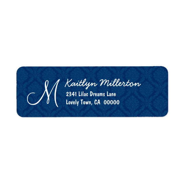 DarkBlue Damask Monogram M Wedding V608 Label (Front)