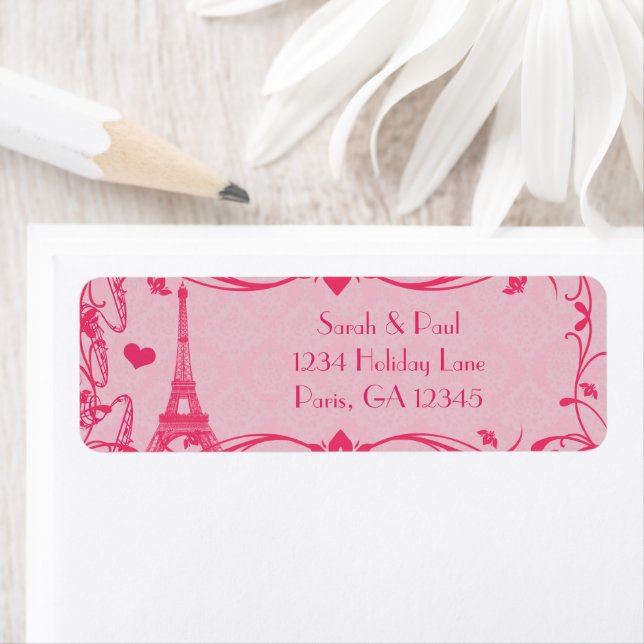 Darker Pink Raspberry Damask Vintage Eiffel Tower Label (Insitu)